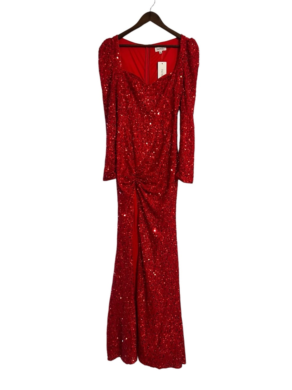 FAERIESTY NWT Red Sequin Sweetheart Maxi Dress Split Thigh Size Small